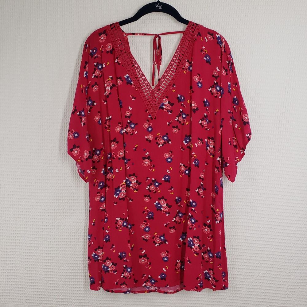Lane Bryant Top Womens 18/20 Pink Floral V-Neck Flutter Sleeve Preppy Eyelet